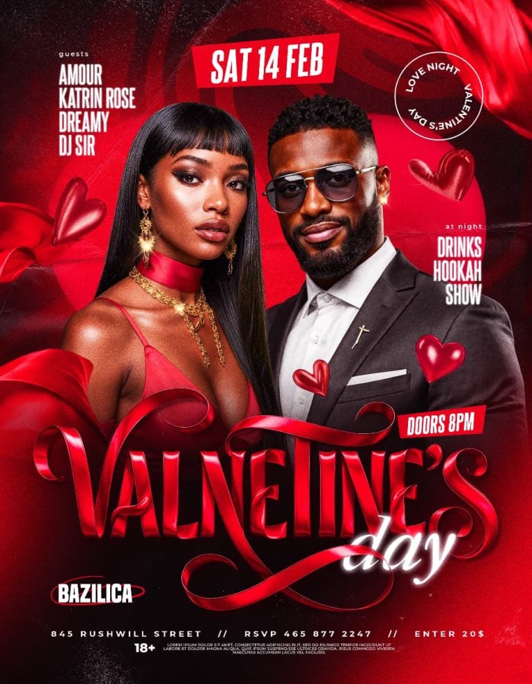 Romantic Valentine’s Day Flyer Template with red luxury design and elegant couple