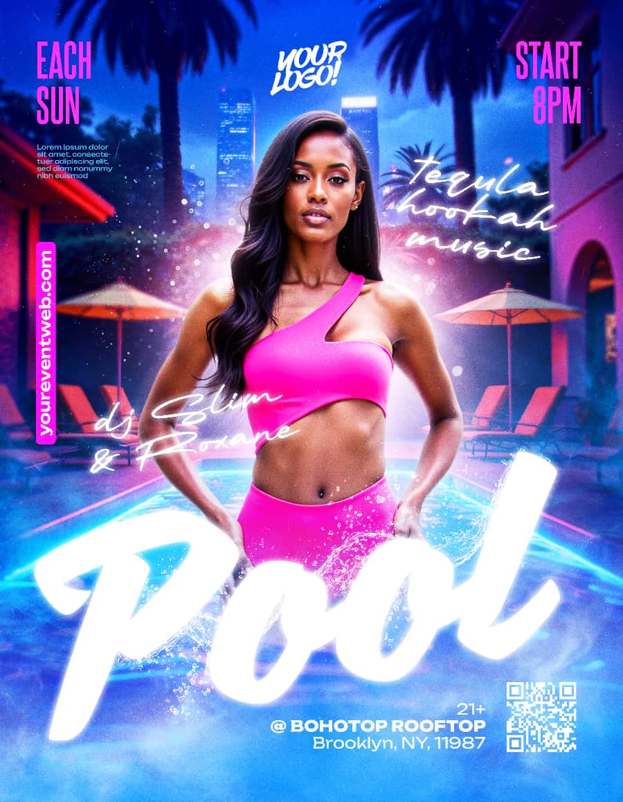 Free Pool Party flyer template with neon blue and pink design for summer DJ or club events – editable PSD