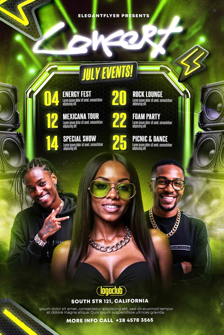 Bold green neon PSD template for club and concert event promotions