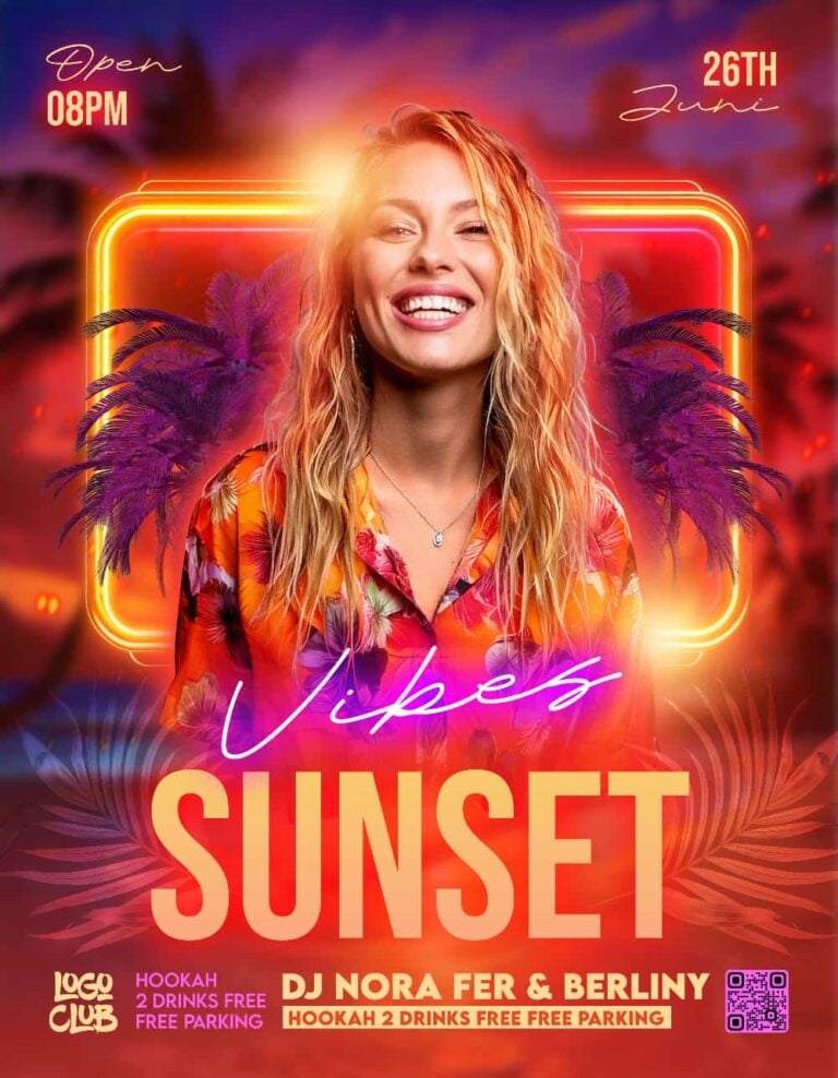 Sunset Vibes flyer template in warm glowing orange tones for summer and beach events