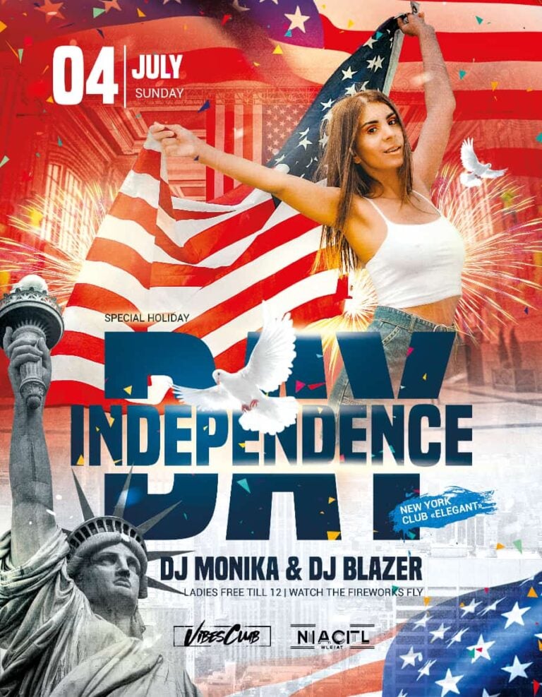 Patriotic Independence Day flyer template featuring a girl with American flag and Statue of Liberty in the background.