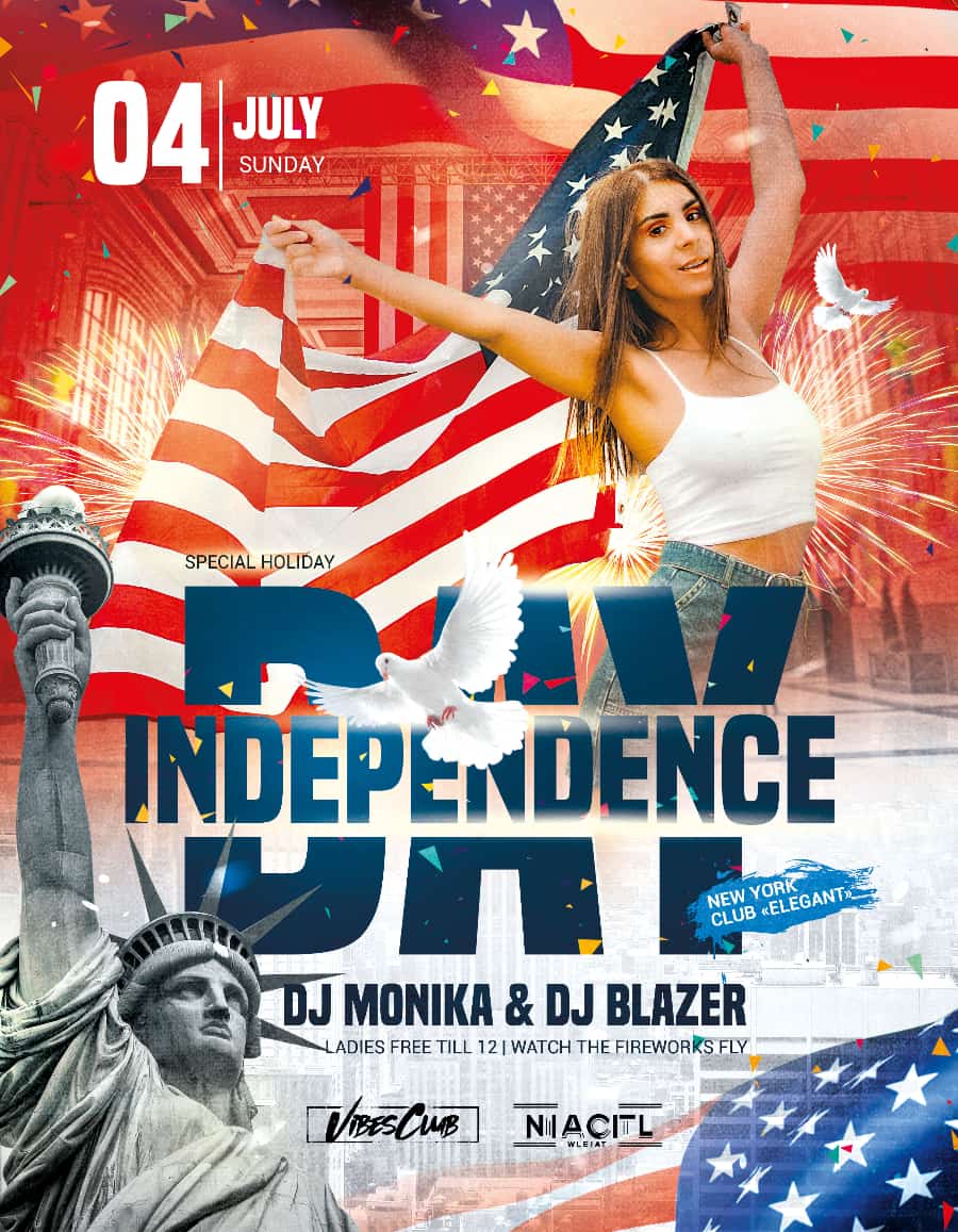 Patriotic Independence Day flyer template featuring a girl with American flag and Statue of Liberty in the background.