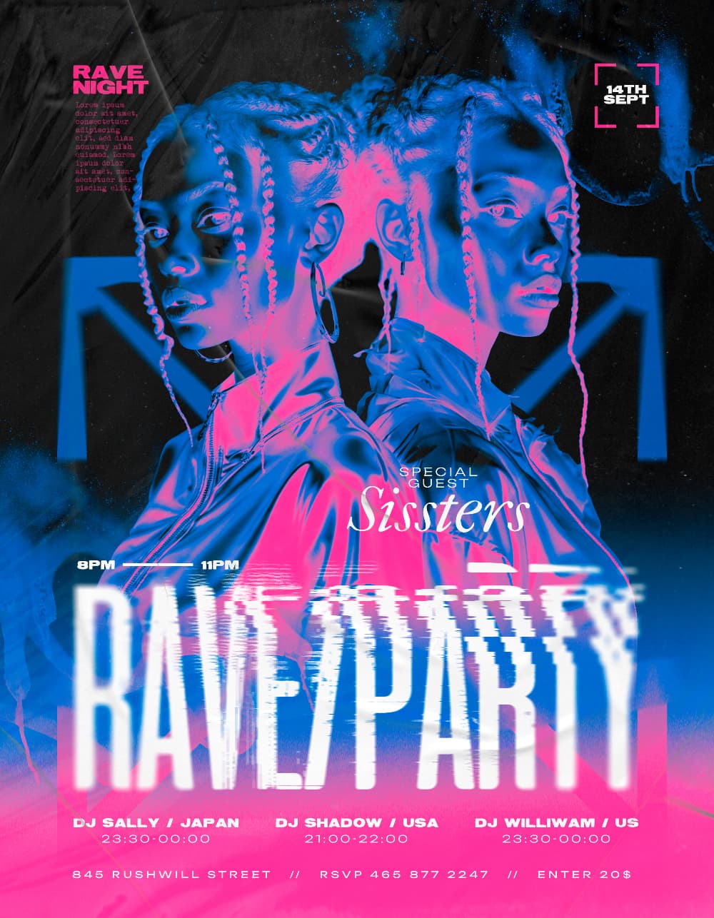 Rave Party Flyer Template – Editable PSD with Neon Colors & Glitch Effects