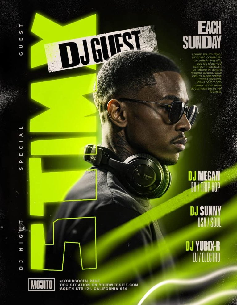 Dark Green Guest DJ Party Flyer Template – Editable PSD for Guest DJ Nights & Club Events