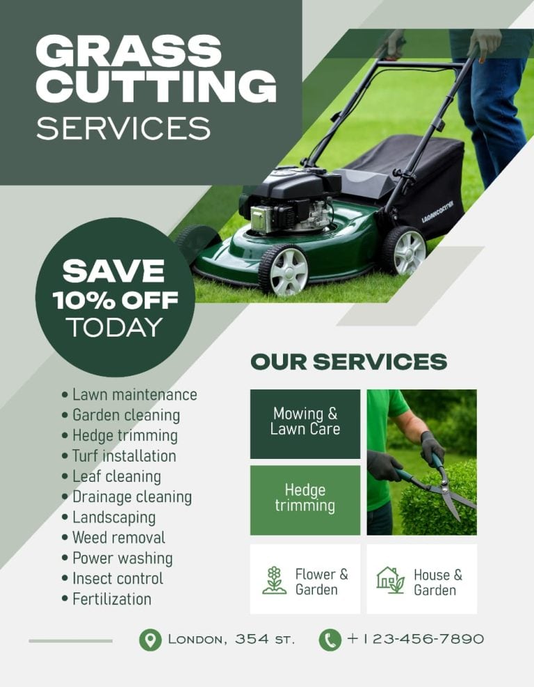 Green Grass Cutting Flyer Template – Editable PSD for Lawn Care & Landscaping Services