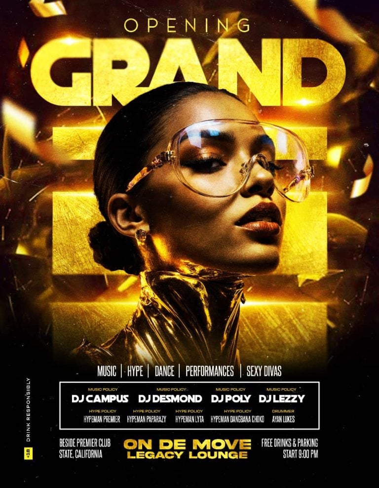 Elegant Gold Grand Opening Flyer Template – Editable PSD for Luxury Clubs & VIP Events