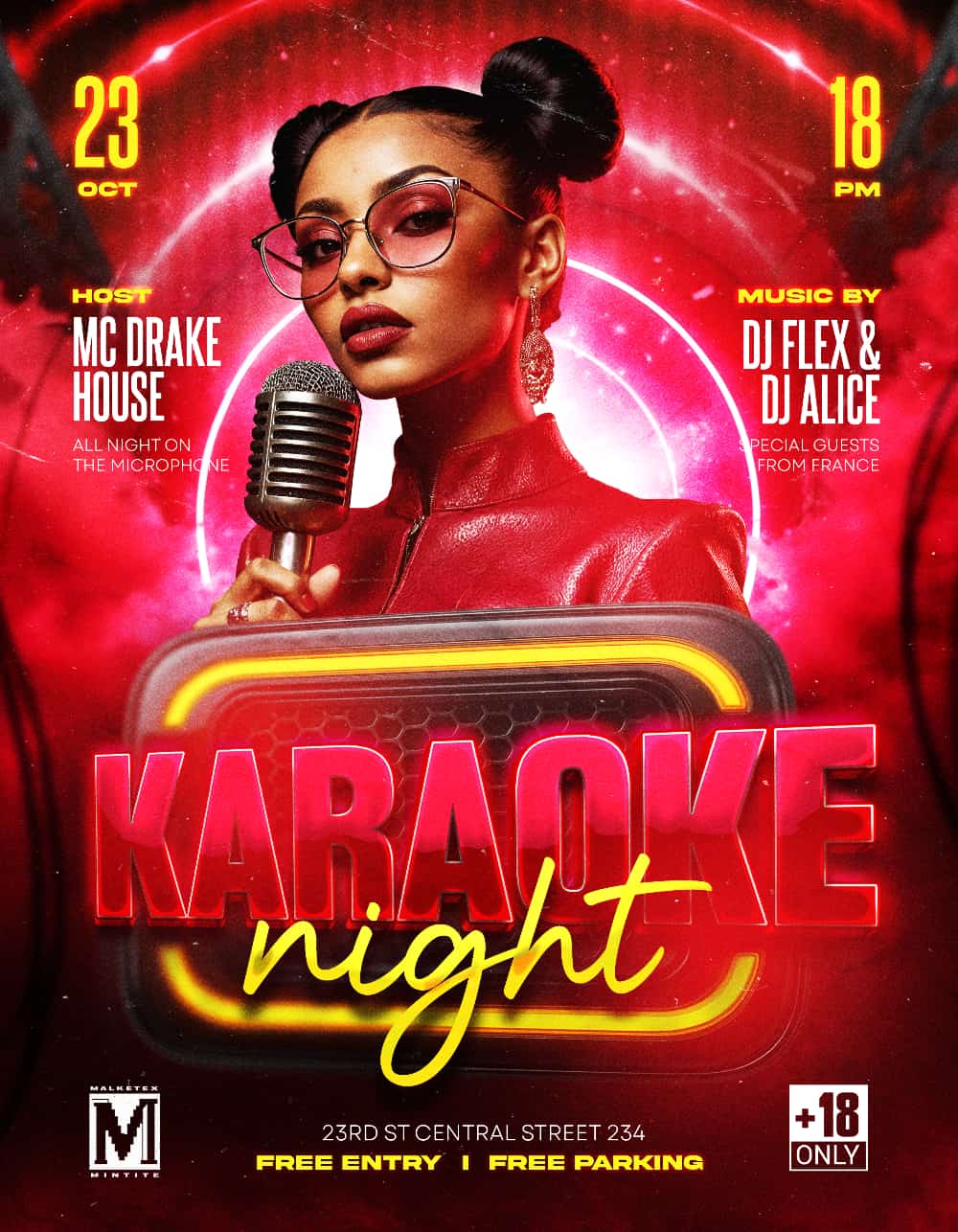 Red Karaoke Party Night Flyer Template Editable PSD for Karaoke and Music Events