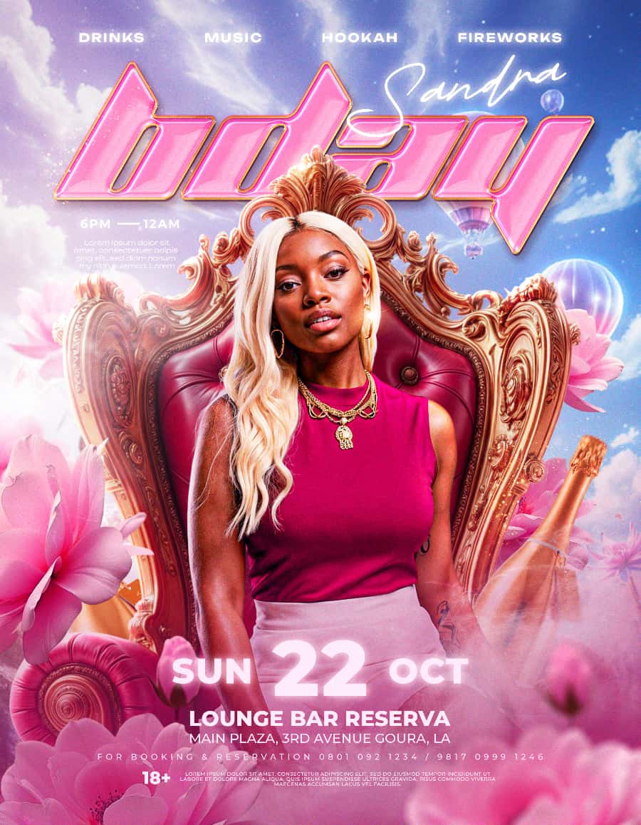 Pink Glamorous Birthday Party Flyer Template Editable PSD for Birthday and Club Events