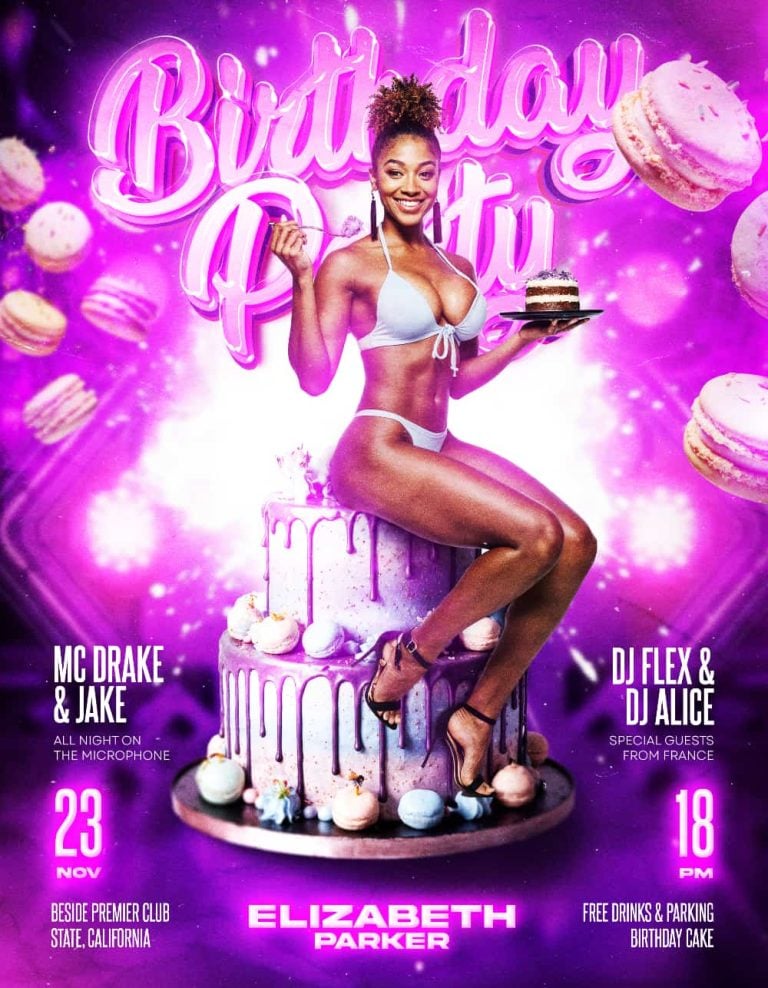Pink Glowing Birthday Bash Party Flyer Template Editable PSD for Birthday and Club Events