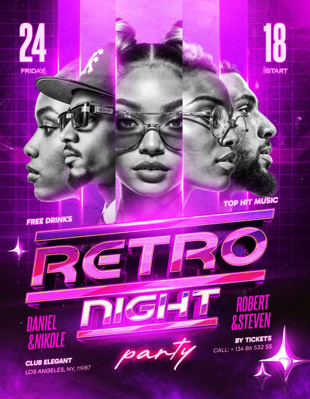 Retro Club Night Flyer Template Editable PSD for Vintage and Disco Party Events