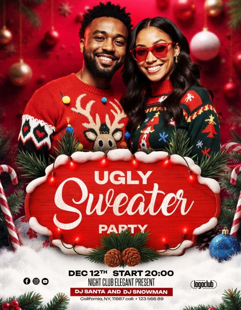 Ugly Sweater Party Event Flyer Template Editable PSD for Christmas and Holiday Parties