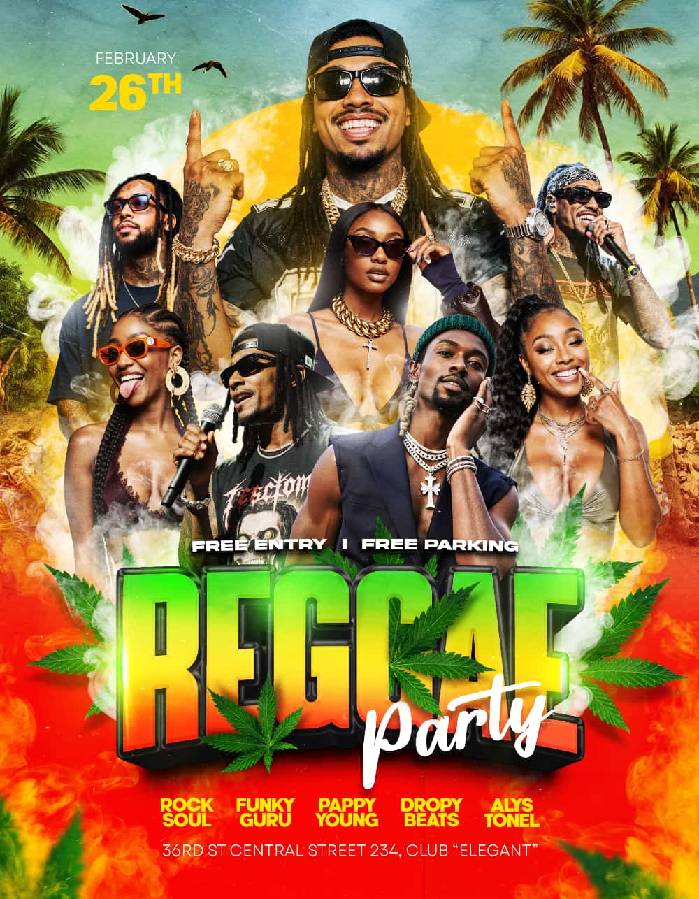 Island Reggae Party Flyer Template with tropical summer design for reggae party events