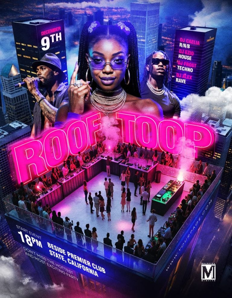 Nightclub Rooftop Party Flyer Template with neon rooftop party design and city skyline background