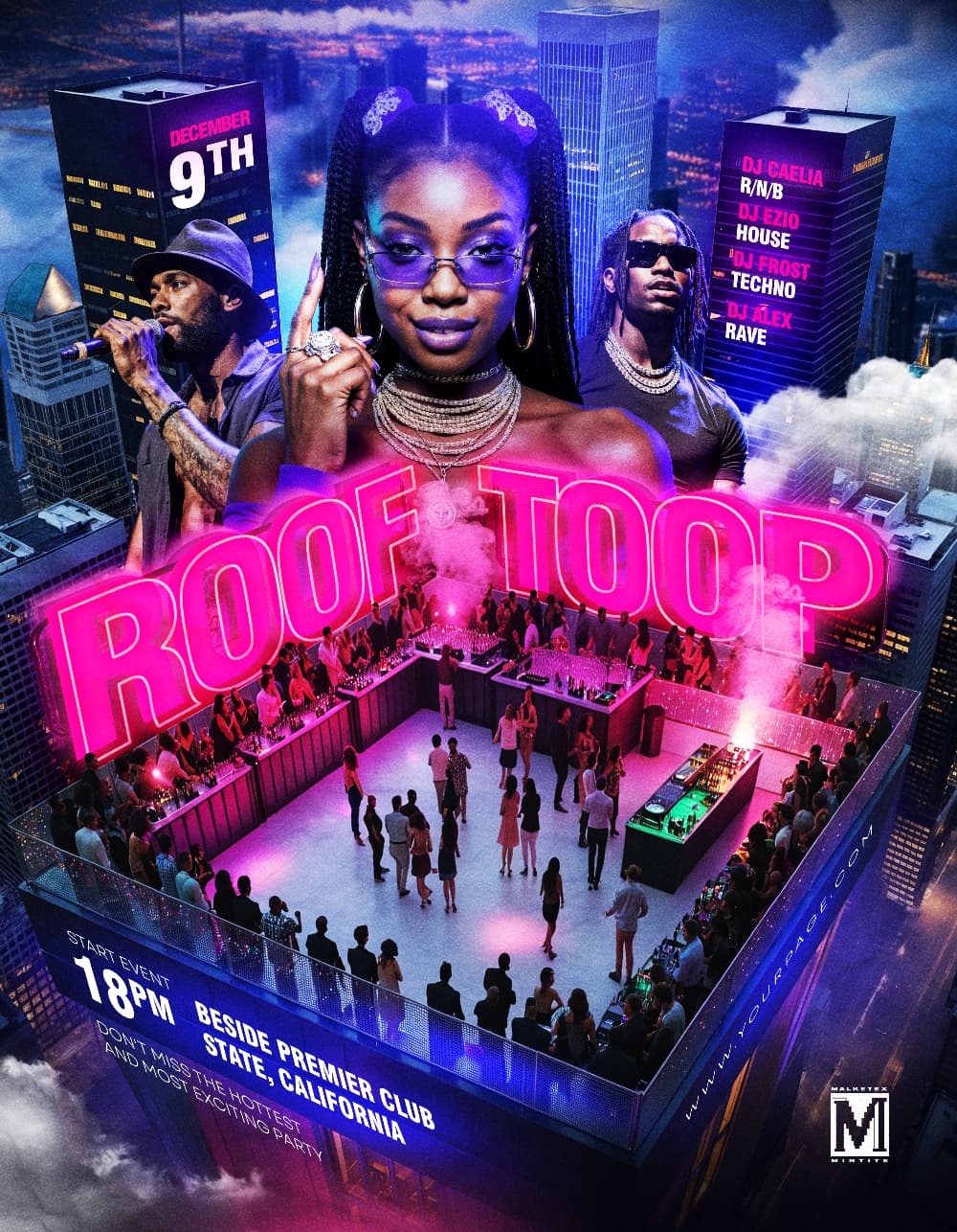 Nightclub Rooftop Party Flyer Template with neon rooftop party design and city skyline background