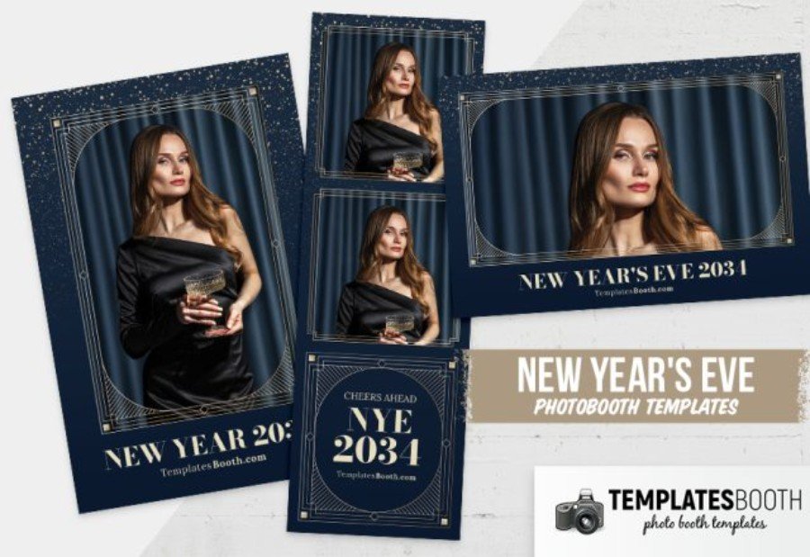 Blue Gold NYE Photo Booth Template for Photoshop